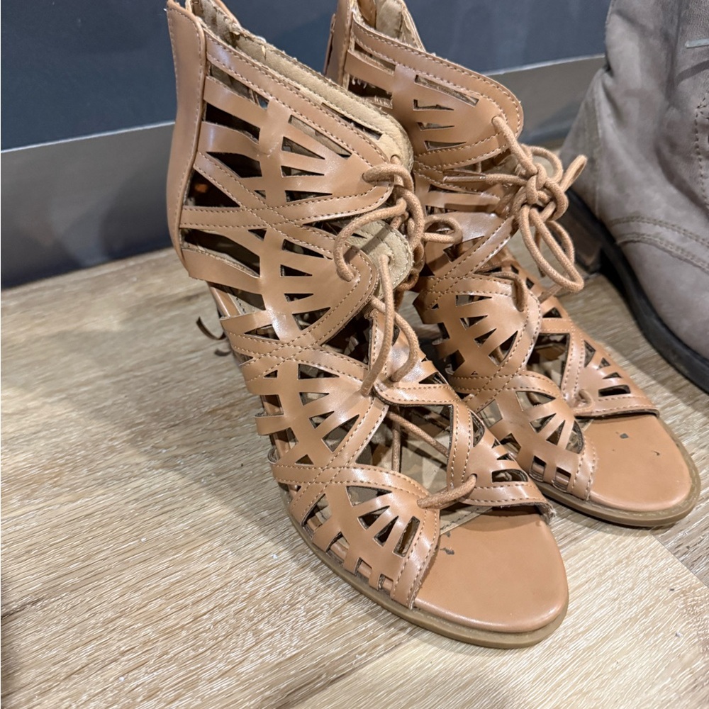Tan Cutout Lace-Up Sandals